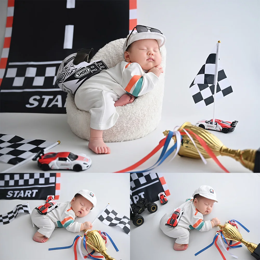 Newborn Race Car Themed Photography Props Baby Boy Racer Romper Set Helmet Toy Cars Props for Studio Infant Milestone Photoshoot