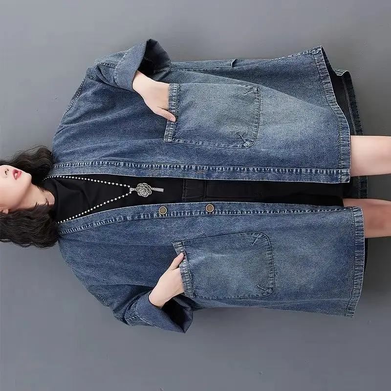 Denim Fashion V-neck Big Pocket Denim Jacket Women's Korean Fattened And Enlarged Loose Large version Mid Long Trench Coat Tide