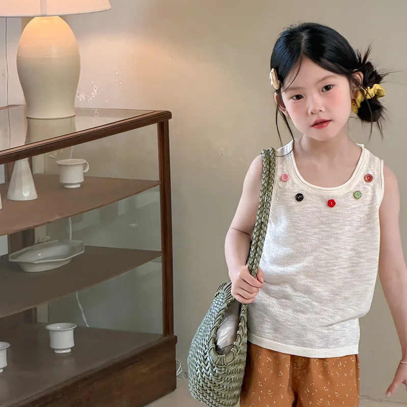 Girls Summer Colorful Buckle Breathable Mesh Thin Soft Lightweight Knitted Tank Top 2026 Summer New Versatile Top