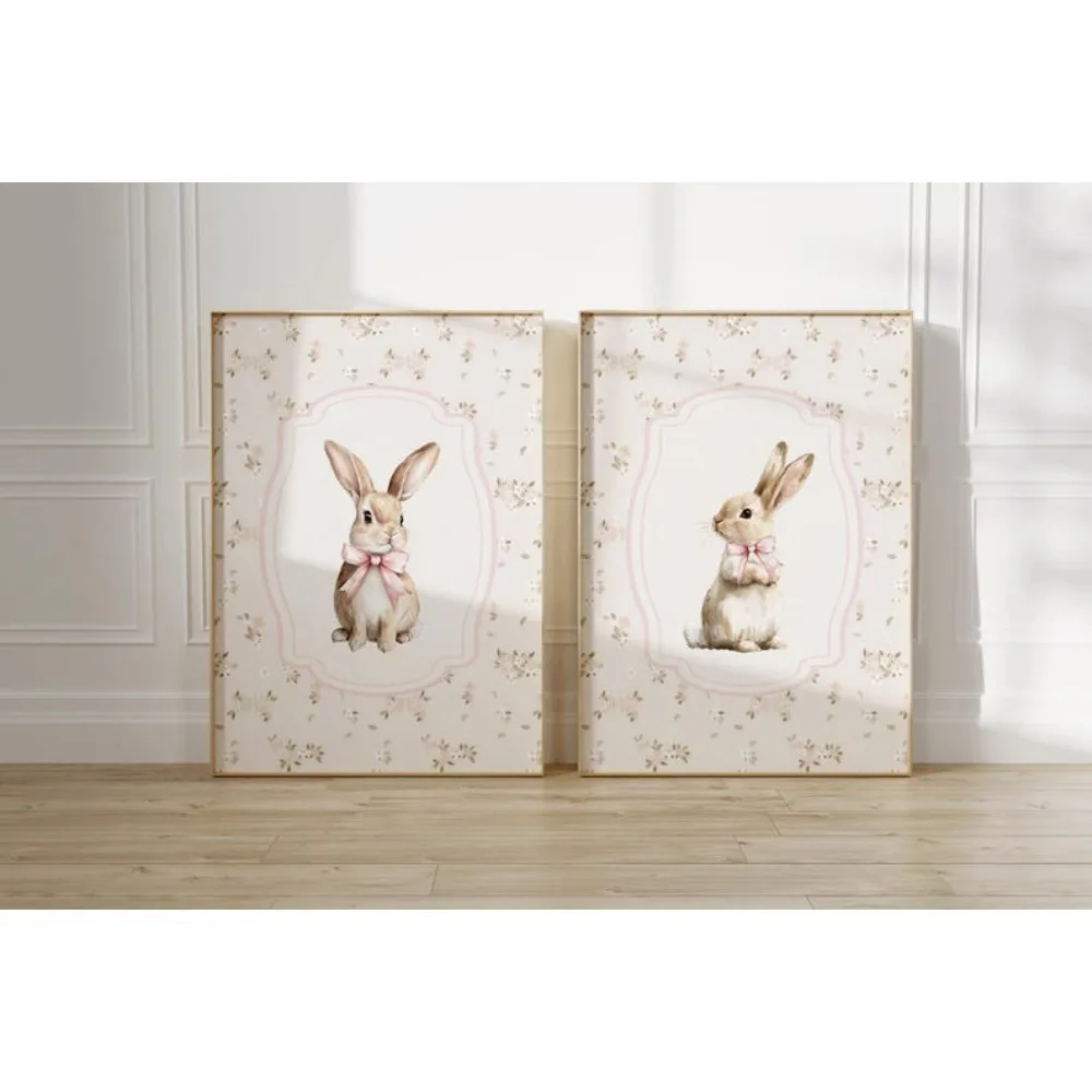 2pcs Frameless,2D Flat ,Frameless Pink Floral Bunny Wall Art, Bunny Girl Nursery Decoration, Retro Girl Room, Instant Download,