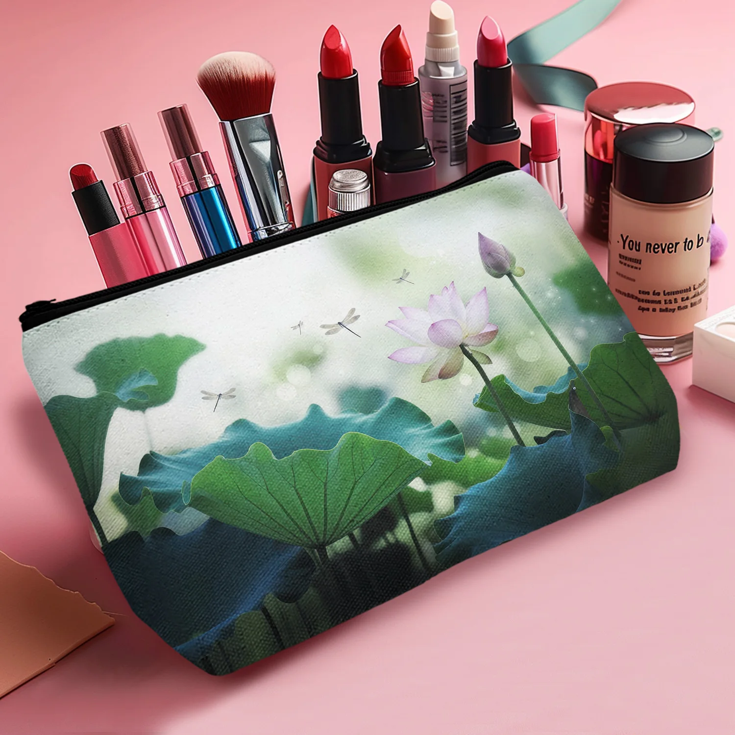 1Pc Fresh Lotus Aesthetic Cosmetic Bag Durable And Stylish Zippered Portable Women'S Cosmetic Bag Suitable For Giving To Friends