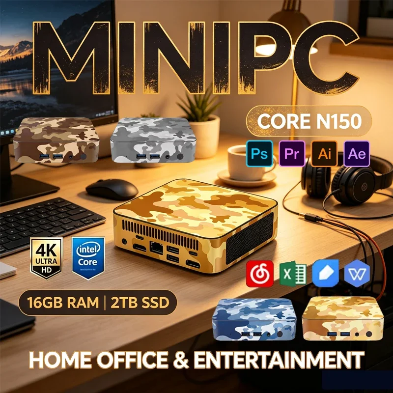 Premium N150 Desert Camo Mini Pocket PC Win11 16GB 2TB SSD WiFi6 BT5.2 4K Portable Workstation for Game Stream Media & Video Edi