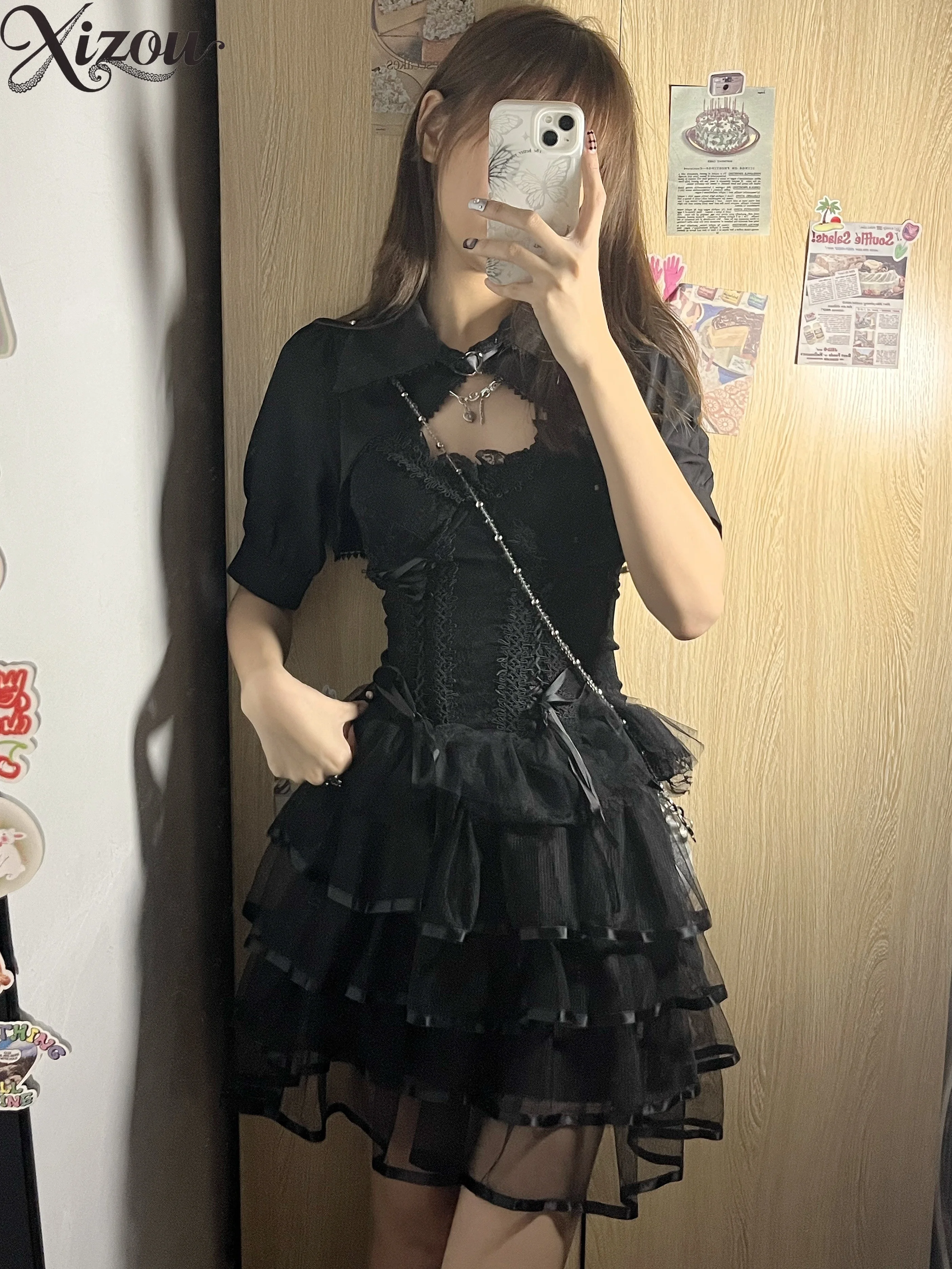 3 조각 세트 여자 여름 고딕 펑크 로리타 Y2k 공주 스커트 세트 레이스 Fishbone 생일 복장 Eveing ​​파티 스커트 Y2k 정장