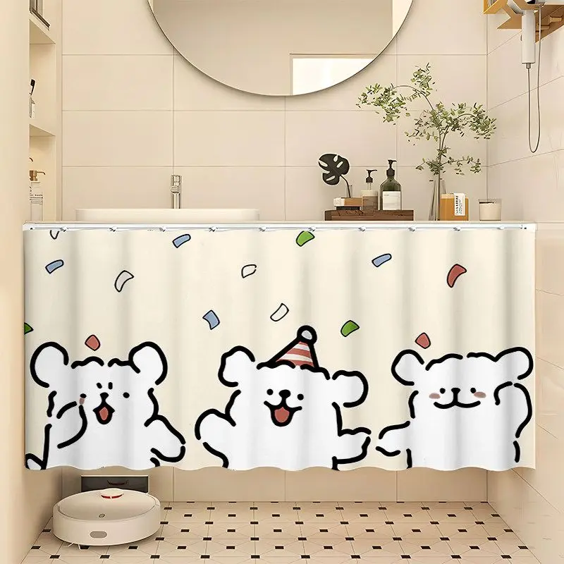 VIKAMA Cartoon Bear Party Door Curtain Cream Three White Teddy Confetti Cute Bathroom Cabinet Cover Decor Home Retro Style Soft