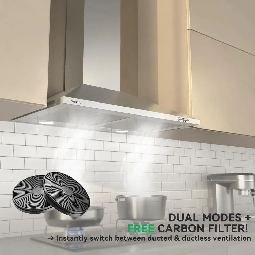 Okap kuchenny ze stali nierdzewnej, montowany na ścianie, 76 cm (30 cali), z filtrem węglowym, konwertowalny na okap kominowy/bez kanału, 3-stopniowy wentylator wyciągowy.