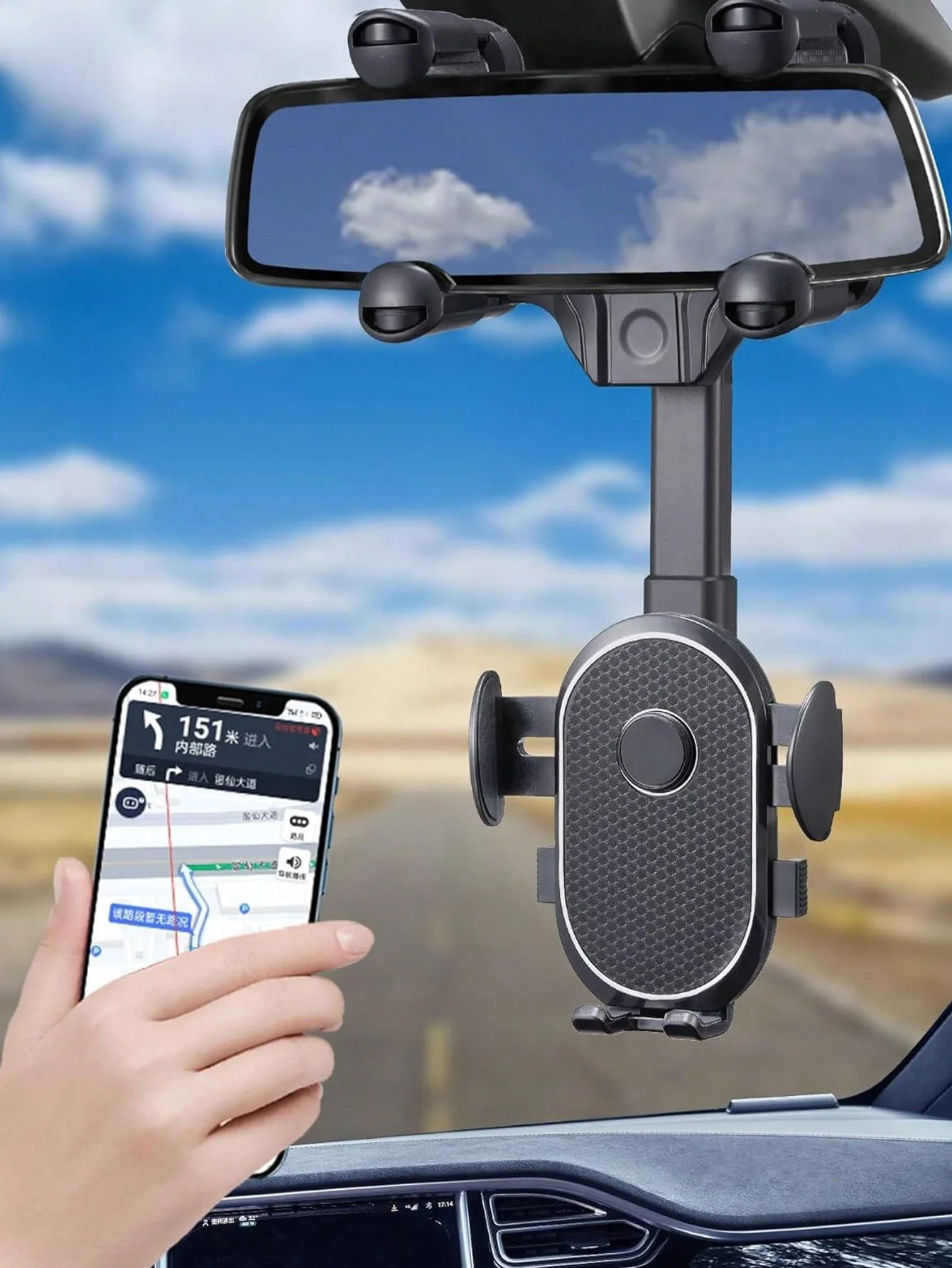 حامل هاتف مرآة السيارة العالمي – 360 °   حامل دوار لمرآة الرؤية الخلفية، رؤية غير قابلة للحجب، تشغيل بيد واحدة، قابل للتعديل S