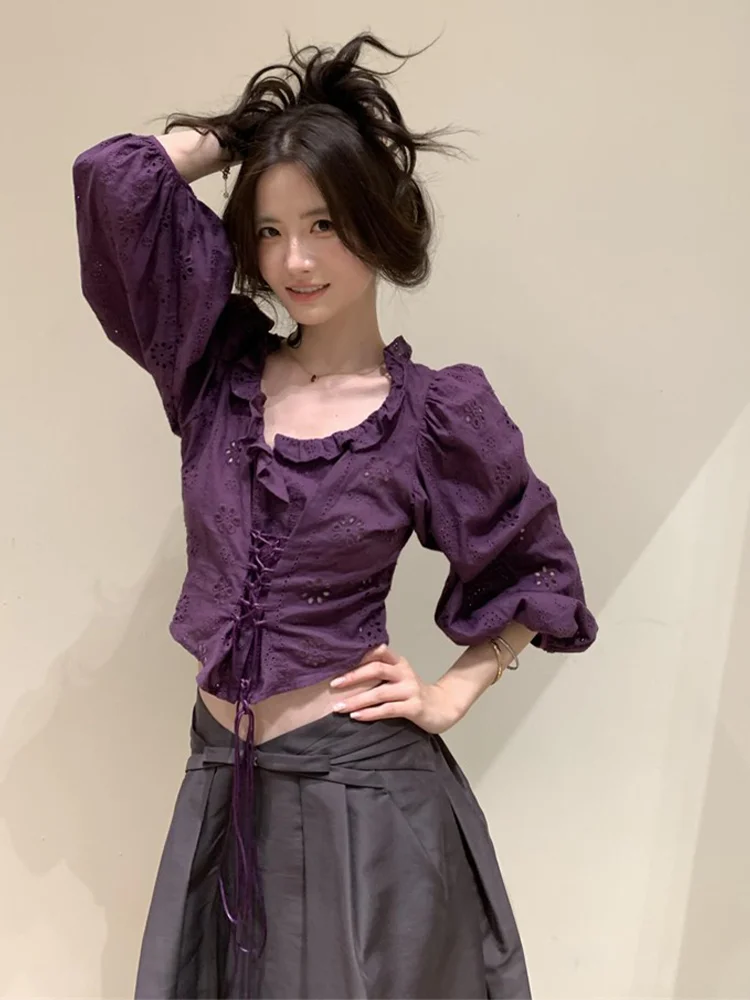 

Summer Purple Hollow out Design Women's Shirt Top High Waist Short Skirt Set Fashionable Casual Wear Polyester Fiber