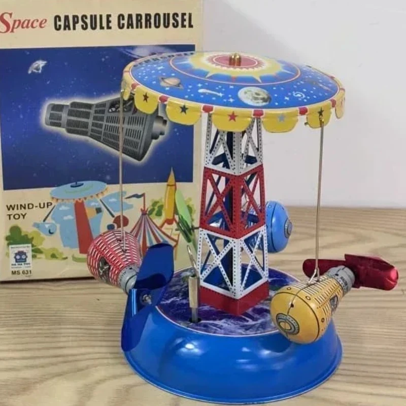 ملاهي الفضاء كبسولة كاروسيل عقارب الساعة لعبة ريترو يختتم لعبة جمع خمر معدن القصدير لعبة مجسمة هدية