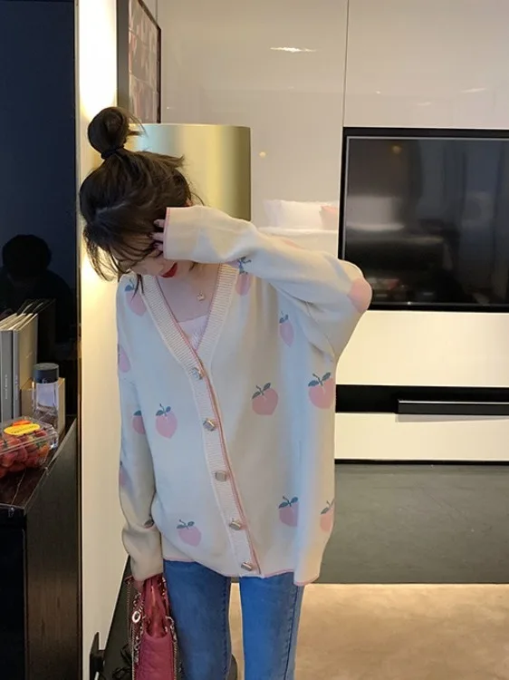 달콤한 슬레 딸기 무늬 니트 스웨터 코트 여성용 루즈핏 가을 겨울 브이넥 롱 소프트 폴리에스터