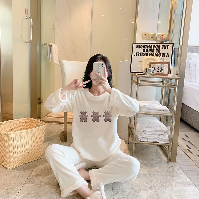 Thickened Warm Pajama Woman Winter O-Neck Home Wear Long Sleeve Plus Size Pajama Girl Cartoon Bear Cute Sleepwear Night Wear Xl