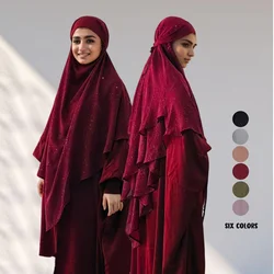 Nieuw Onregelmatigheidsontwerp Glitter Vrouwen Moslim Gebed Hijab Chador Effen Effen Kleur Overhead 2 Lagen Zwierige Dames Khimar