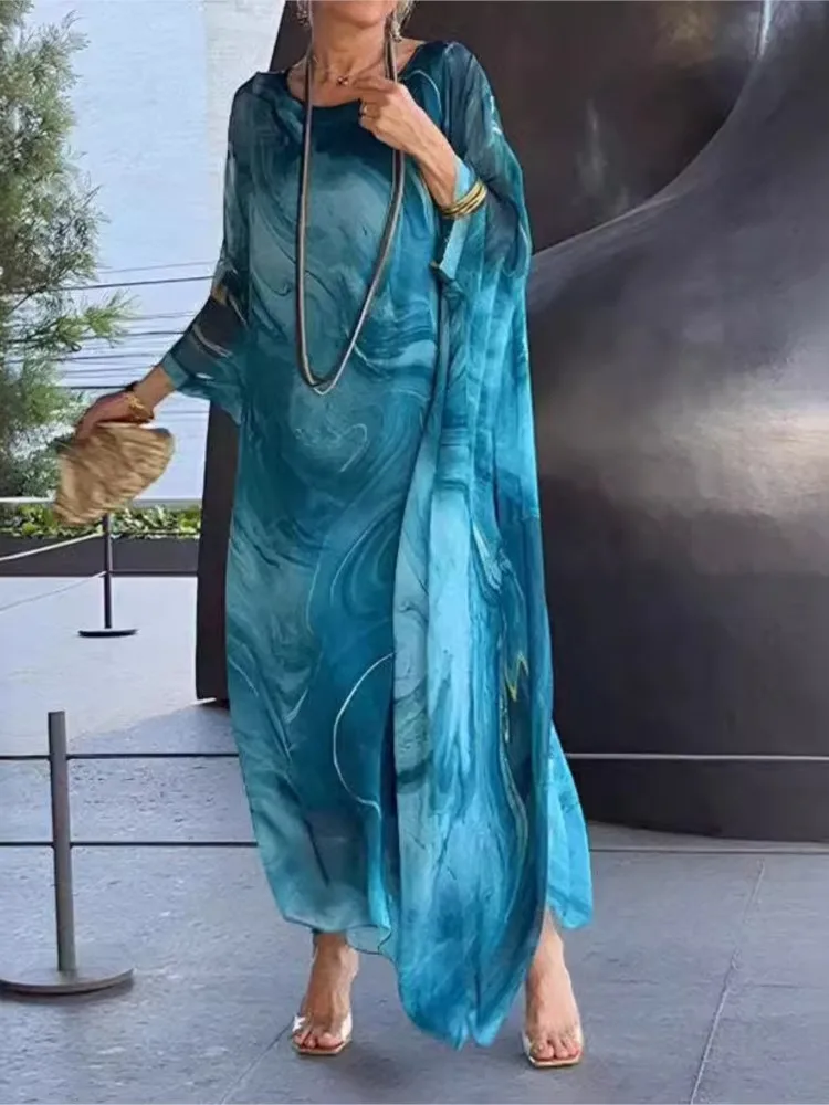 Women Elegantย Bat Sleeved Loose Party Dress Summer Chiffon Printed Marble Leisure Robe Round Neck Fashionable Vacation Dresses