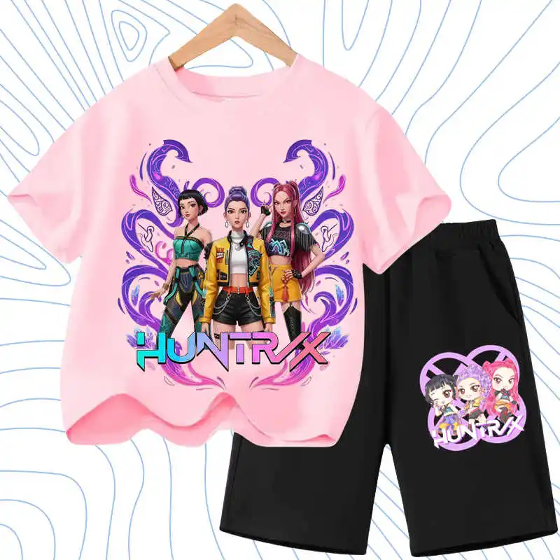 Summer Girls Casual T Shirt Sets K POP Cartoon Printed Kids Fashion Outfits Teen Children's O Neck Short Sleeve Tops Shorts 2pcs