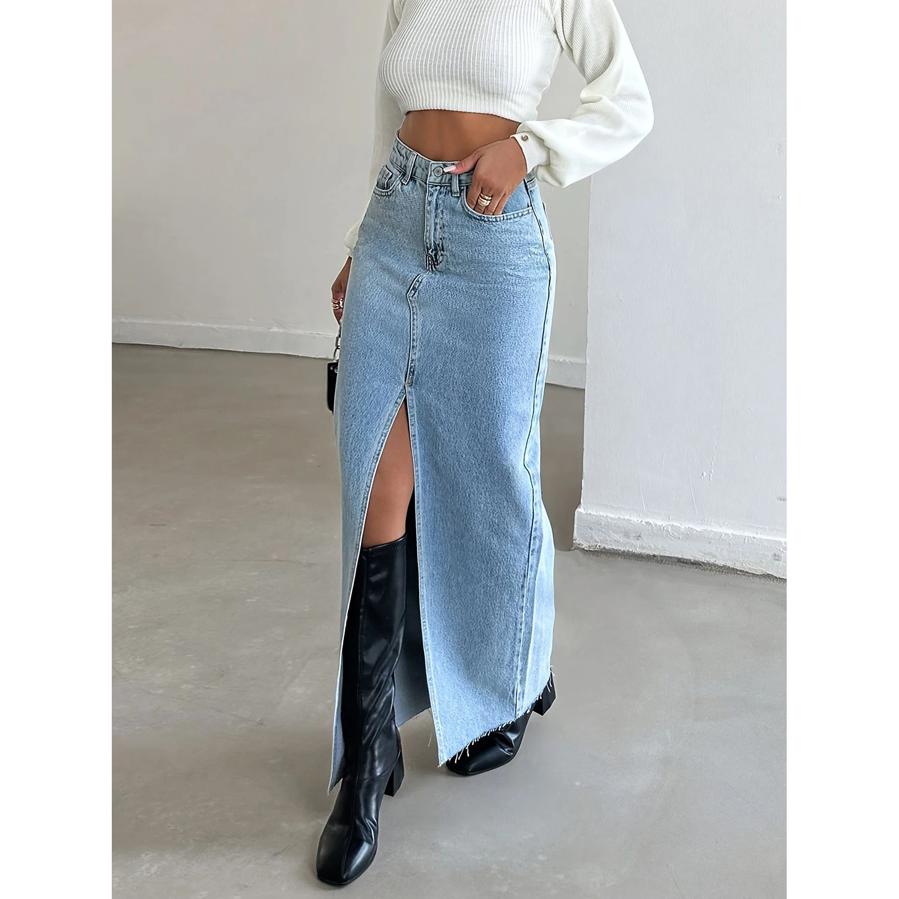 

European and American Style Women's High-Waisted Slit Denim Long Skirt, Light Blue Washed Modern Personality Fashion Denim Half-Length Skirt