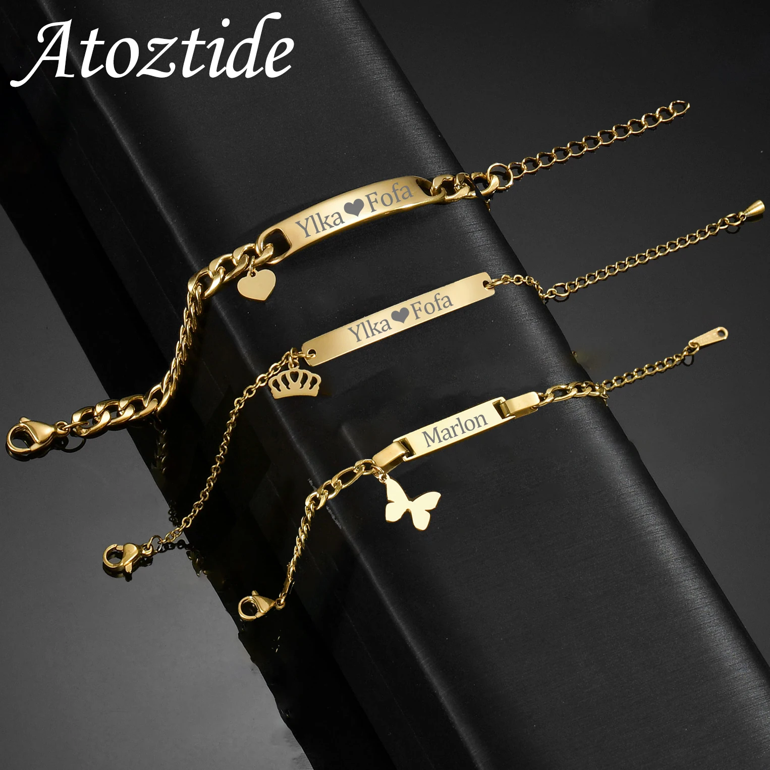 

Atoztide Personalized Engrave Name Bracelet For Men Women Kids Stainless Steel Heart Adjustable Figaro Chain Family Jewelry Gift