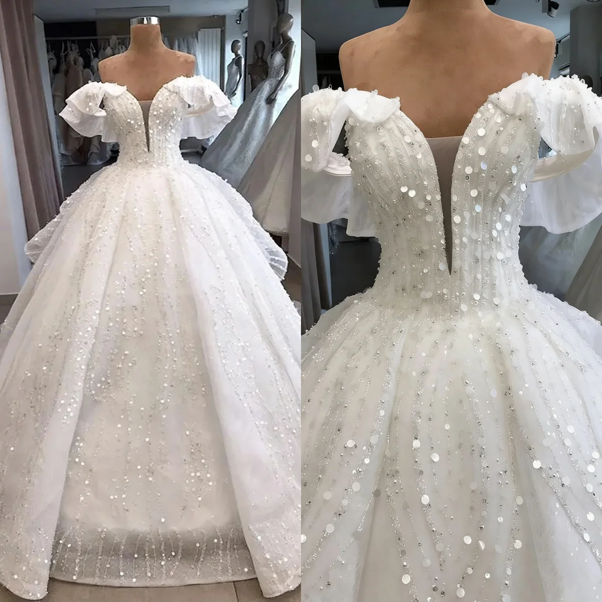 

Custom White Luxurious Elegant Large Skirt Wedding Dress With Shoulder Card Deep V-Neck Bead Embroidery Sequins Vestido De Novia