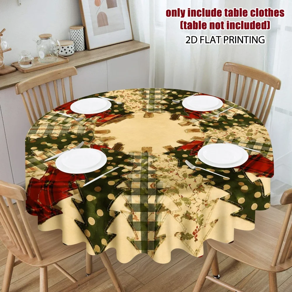 2D flat print, 1 piece Christmas tree patchwork round tablecloth design, suitable for kitchen table display