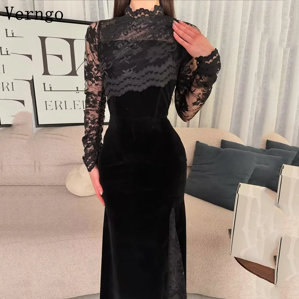 

Verngo Black Velvet Evening Dress High Neck Full Sleeves Mermaid Formal Occasion Dress Arabia Side Slit Prom Gown Customized
