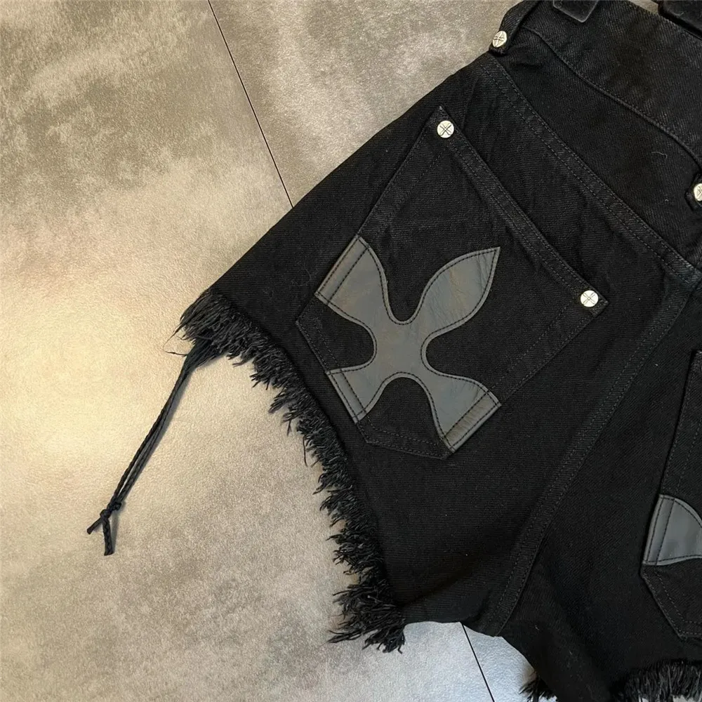 Summer Bandage Tassel Trend Jeans Female Black Personality Raw Fringe Denim Shorts Sweet Cool Dark Gothic Hip Hop Streetwear