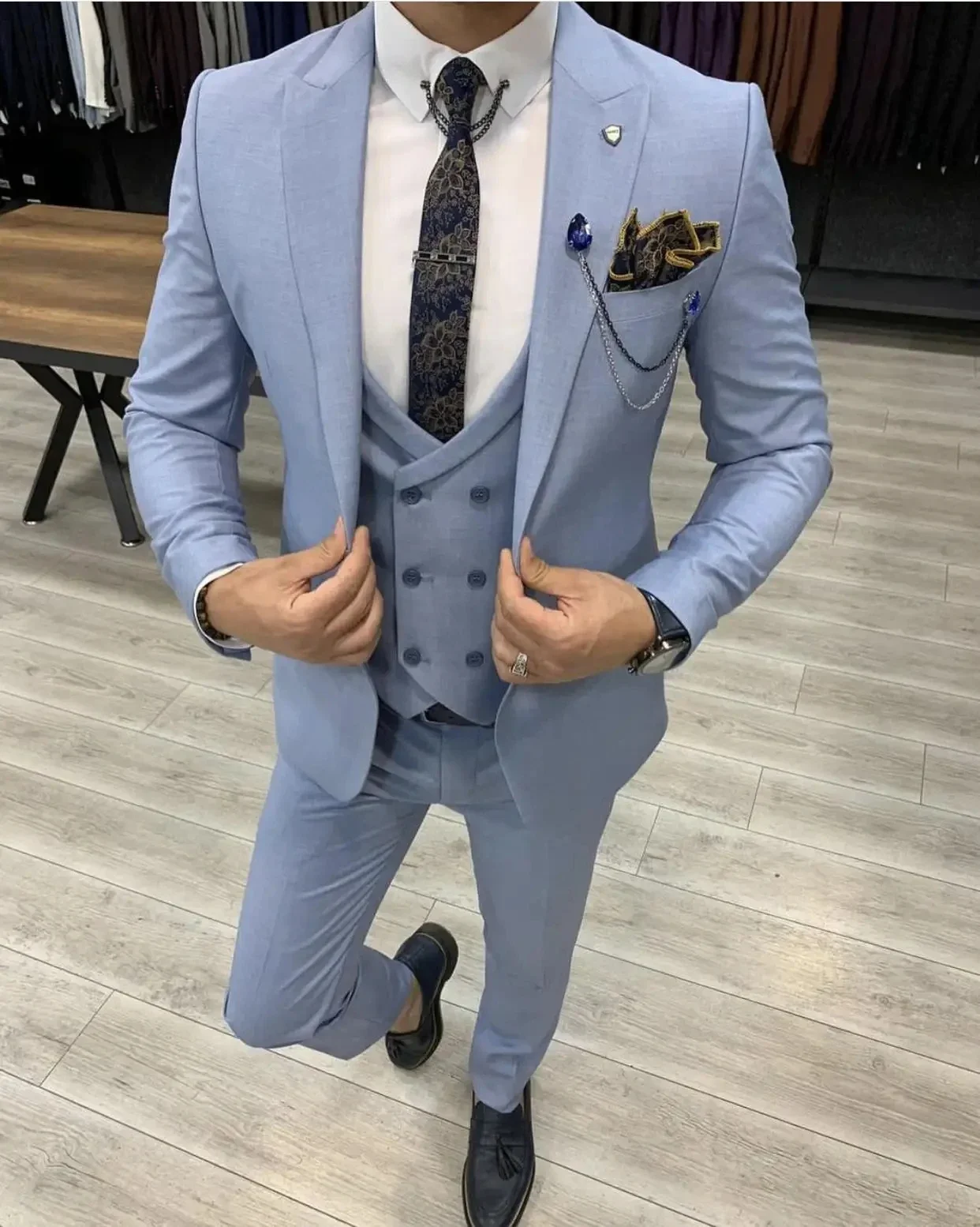 

Slim Fit Male Suits One Button Double Breast Vest Groom Wear Wedding Suit For Men 3 Pieces Suit Set Blazer Costume Homme