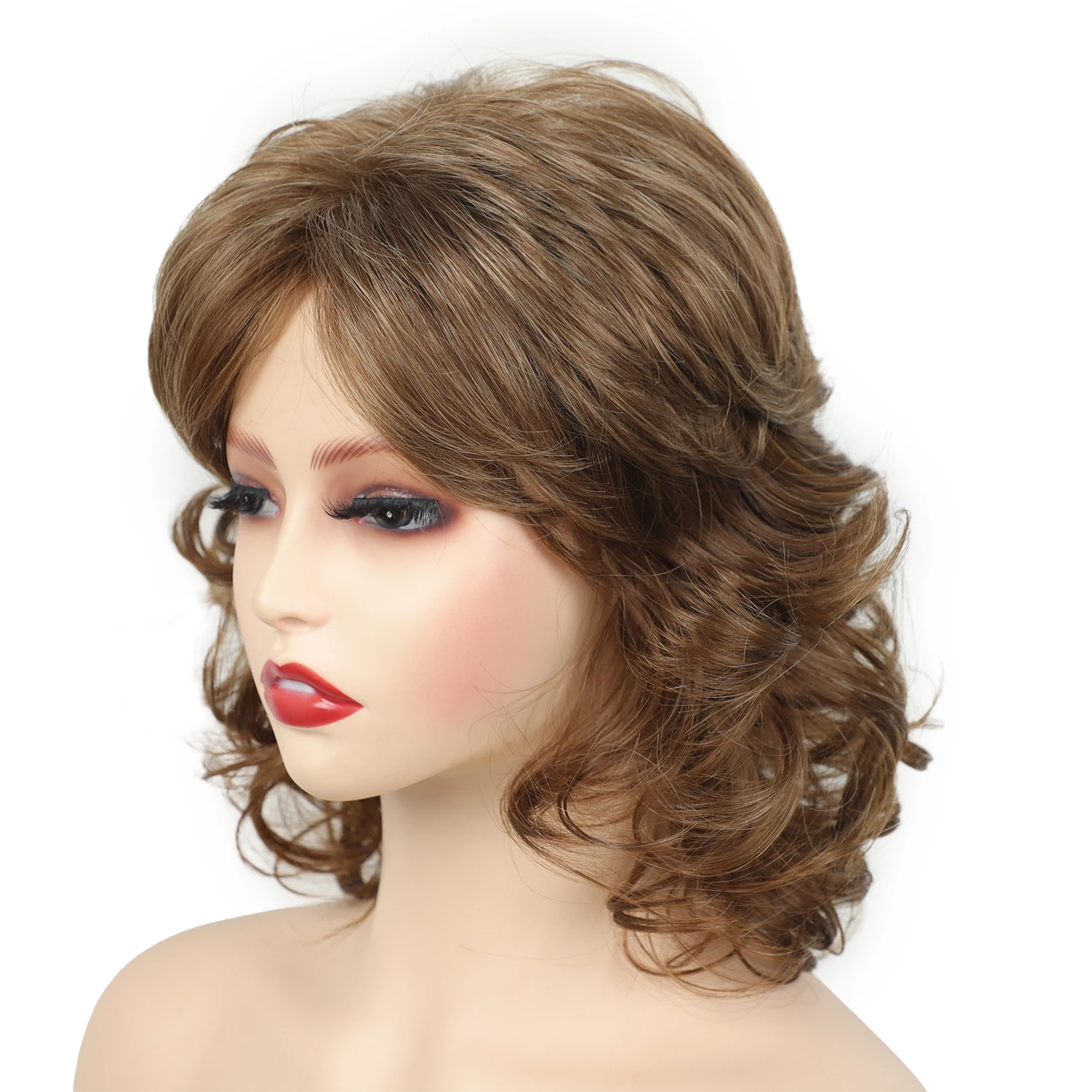 Soft & Healthy Mommy Short Synthetic Curly Hair Shoulder Length Brown Loose Wave Wig with Bangs Cute Daily Party Wig for Women