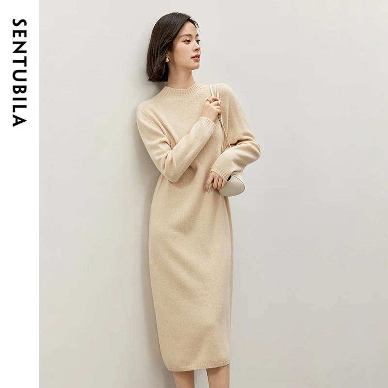 SENTUBILA 100% Wool Knit Dress Women 2024 Casual Loose Fit Half High Collar Long Sleeve Solid Comfort Female Knitwear W44L57009