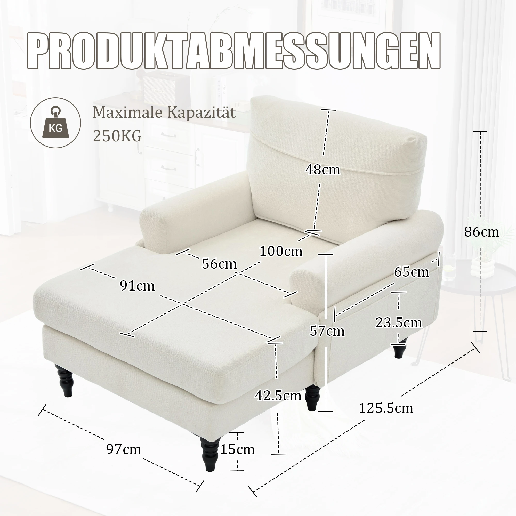 Moderner minimalistischer Samt-Loungesessel, Schlafzimmer-Einzelsofa mit Holzbeinen, bequemer Rückenlehne und Armlehnen – Detail 8