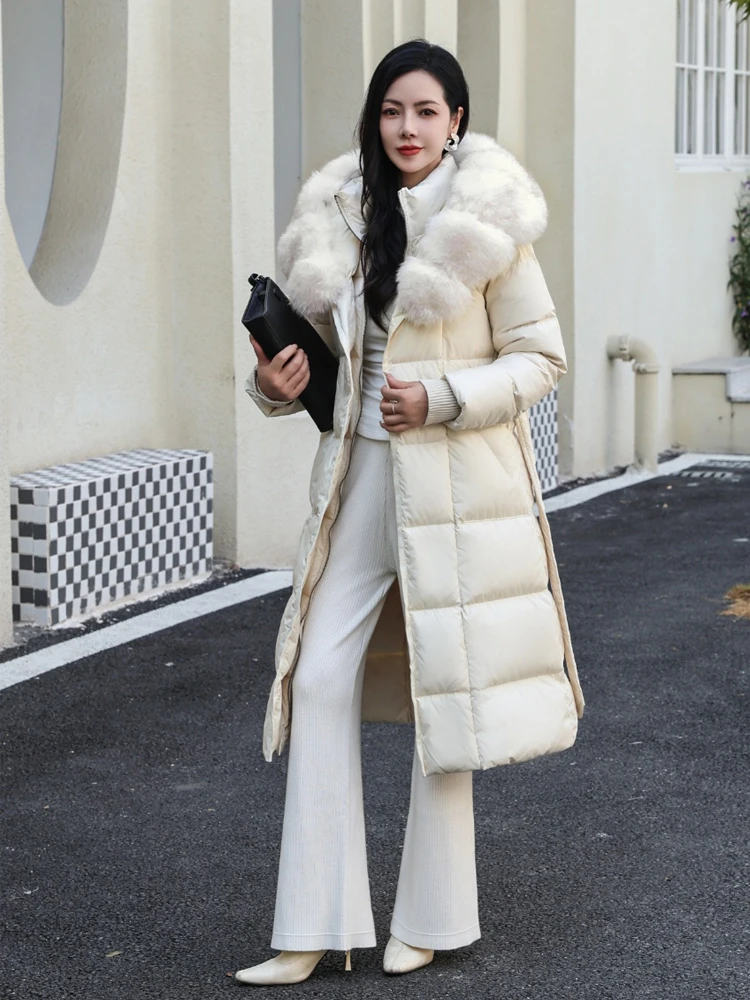 Luxuriöse Daunenjacke mit echtem Pelzkragen und Schärpen für Damen, 2026, Winter, warm, langer Gänsedaunenmantel mit Kapuze, schmal, warm, INKEO DJ 633