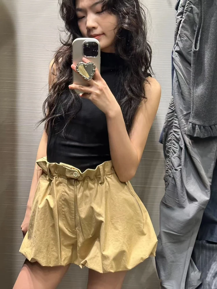 Verano 2025 nuevas mujeres Faionable plisado Casual pierna recta globo pantalones de cintura alta de fibra de poliéster pantalones sueltos ort