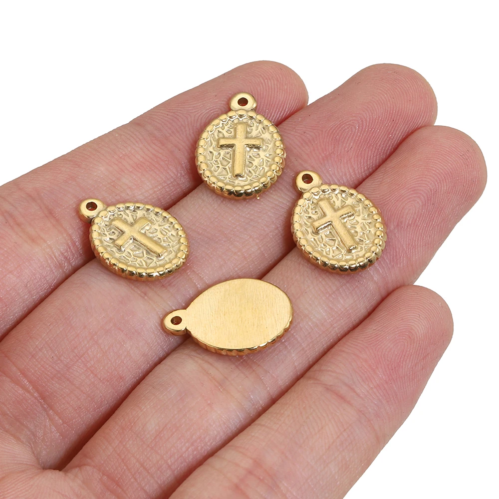 5 Pieces of Stainless Steel Vintage Embossed Oval Cross Pendant DIY Earrings Necklace Jewelry Making Accessories