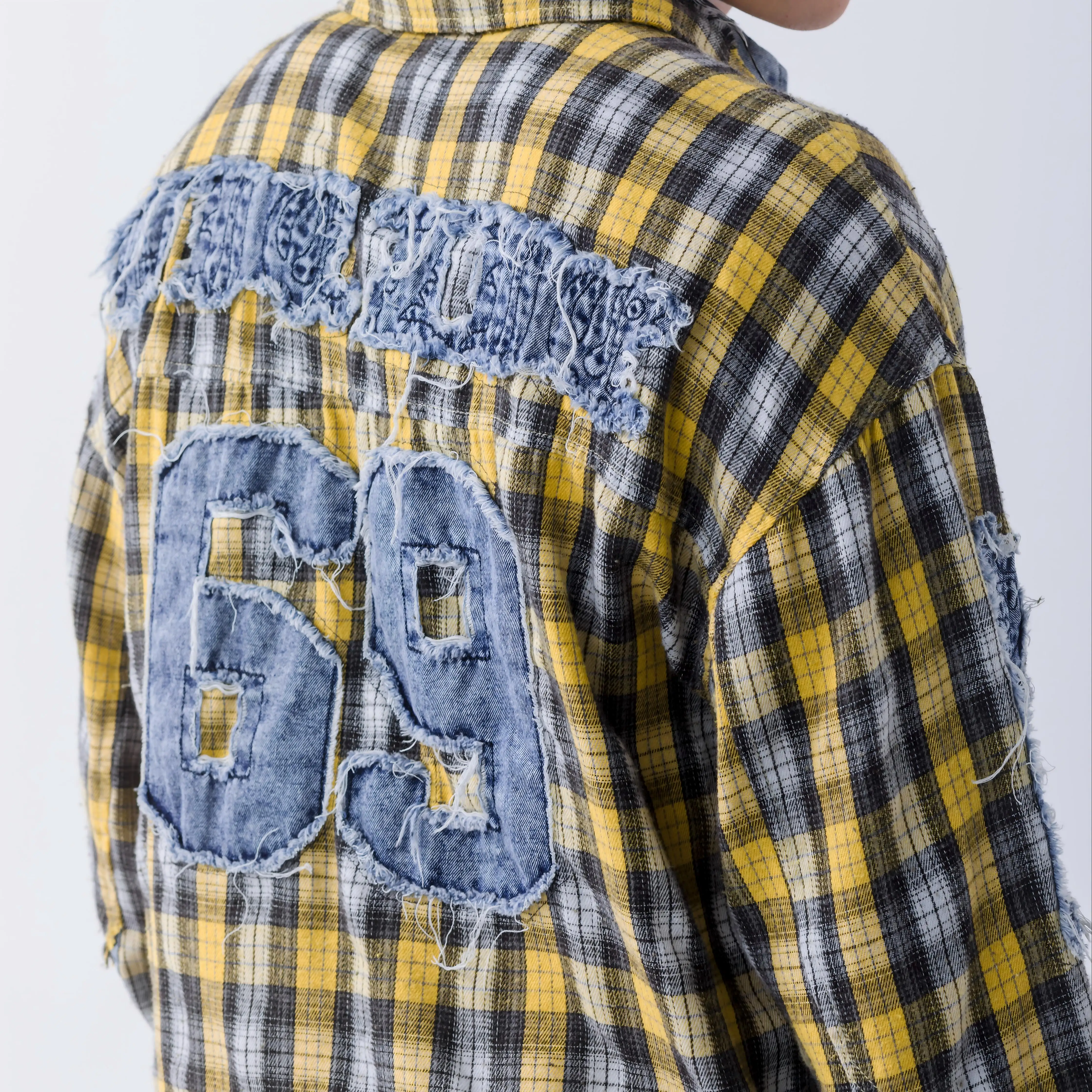 Hip Hop High Street Plaid Shirt Plus Size Work Shirt Denim Checkered Patchwork Cotton Long Sleeve Jacket Applique Oversize Shirt