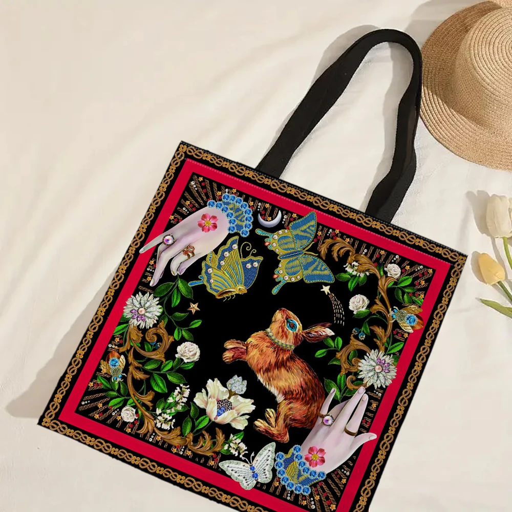 Canvas Fabric Tote Bag Women Vintage Floral Bunny Shopping Bag Cartoon Rabbit Graphic Student Casual Handbag Side Bag For Ladies