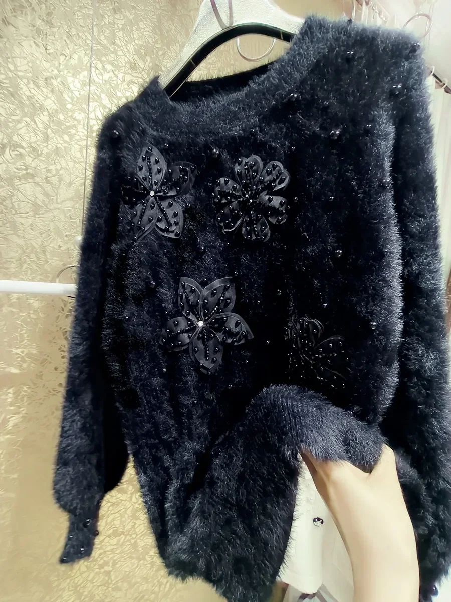 Beaded Pearl Sequined Three-dimensional Flower Plush OverSize Black Backing Sweater