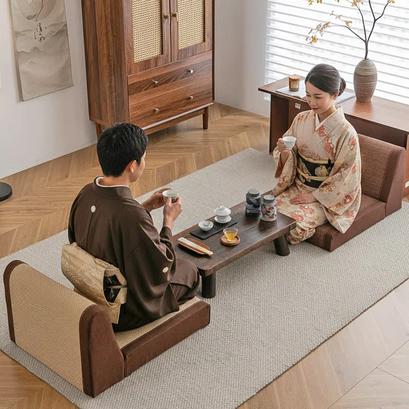 Japanese Tea Ceremony Floor Chair Tatami Seating with Backrest Handwoven Bamboo Legless Stool for Balcony Zen Meditation Chair