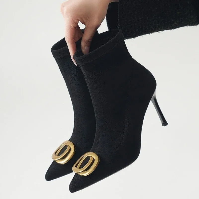 

Women Winter Plus Fleece Black Stiletto Sexy Temperament Celebrity Pointed Toe Stretch Boots High Heels Skinny Boots