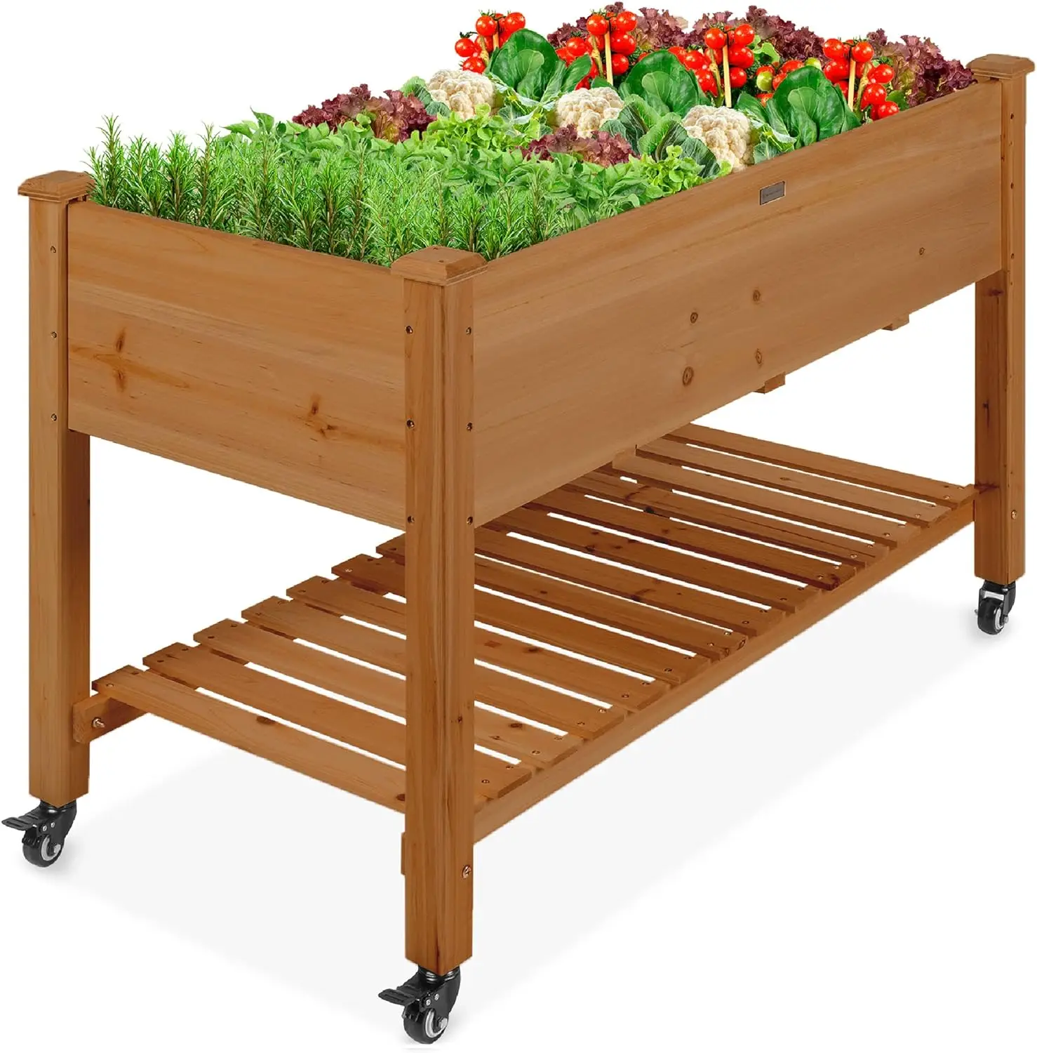 

Choice Products Raised Garden Bed 48x24x32-inch Mobile Elevated Wood Planter w/Lockable Wheels, Storage Shelf, Protective Liner