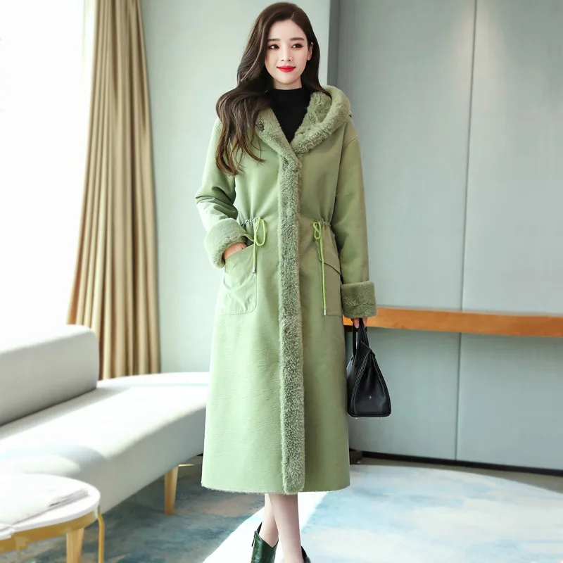 Long Woolen Coat Women Fur Collar Hooded Jacket Winter Fur Coat Oversized Loose Fashion Thick Warm Wool Jacket Women Overcoat