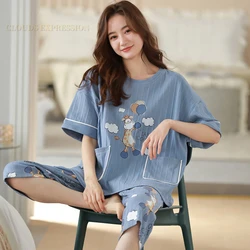 Verão de malha algodão nuvens impressão duas peças curto sleeved feminino pijamas define pijamas senhoras pijamas bonito dos desenhos animados