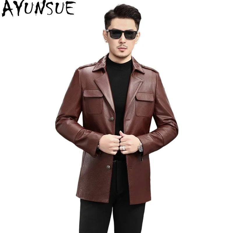 Jaqueta Masculina AYUNSUE de Couro Genuíno (Primeira Camada de Couro Bovino) para Outono/Inverno - Estilo Retrô Motoqueiro com Lapela - Casaco de Couro Legítimo