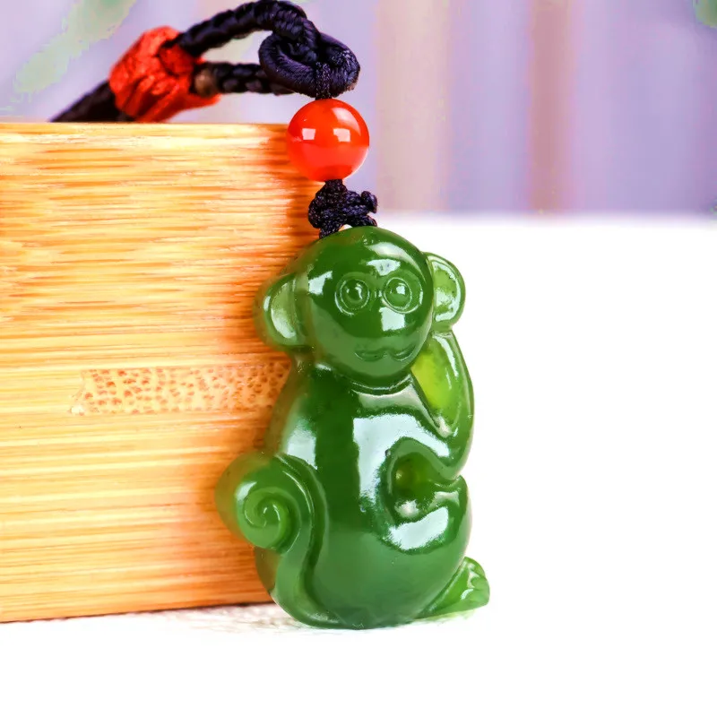

Green jade hand carved zodiac monkey pendant, fashionable boutique jewelry, men's and women's zodiac necklace gift