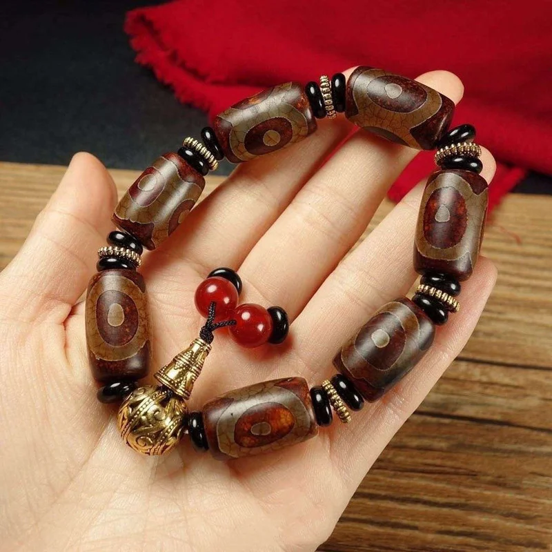 Tibetan Old Agate Three Eyes Original Stone Bucket Bead Bracelets Men's and Women's National Style Versatile Bracelet