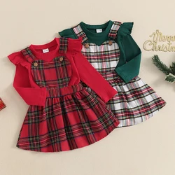 2024-08-12 Lioraitiin 2-Piece Girls Christmas Skirt Set Long Sleeve Ruffled Ribbed Tops Plaid Heart Overalls Skirt Outfits