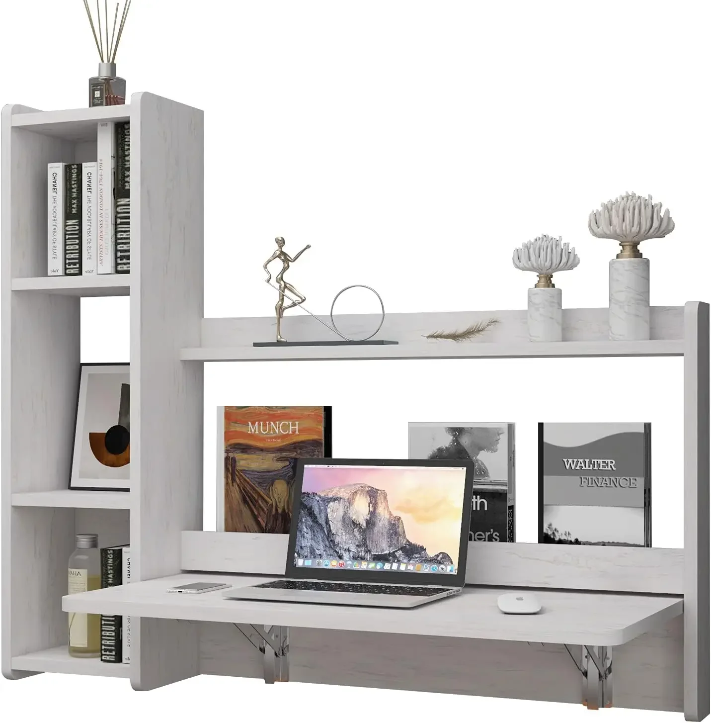 41'' Wall Mounted Desk Laptop Desk Folding Space Saving Table with Storage Shelves for Bedroom Study Room Small Space