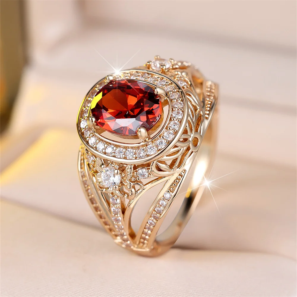 Anillos de piedra con forma de huevo de cristal rojo ovalado grande para mujer, anillo de compromiso de Color dorado Vintage, joyería de boda, regalos versátiles nupciales