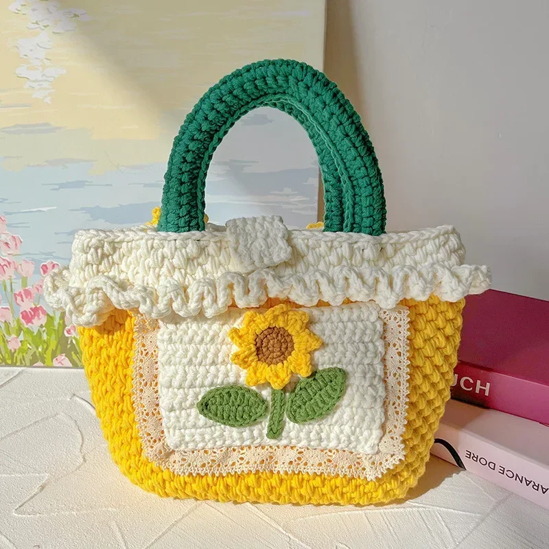 Hand Woven Sunflower Tote Handbag DIY Wool Woven Retro Lady Crochet Bag