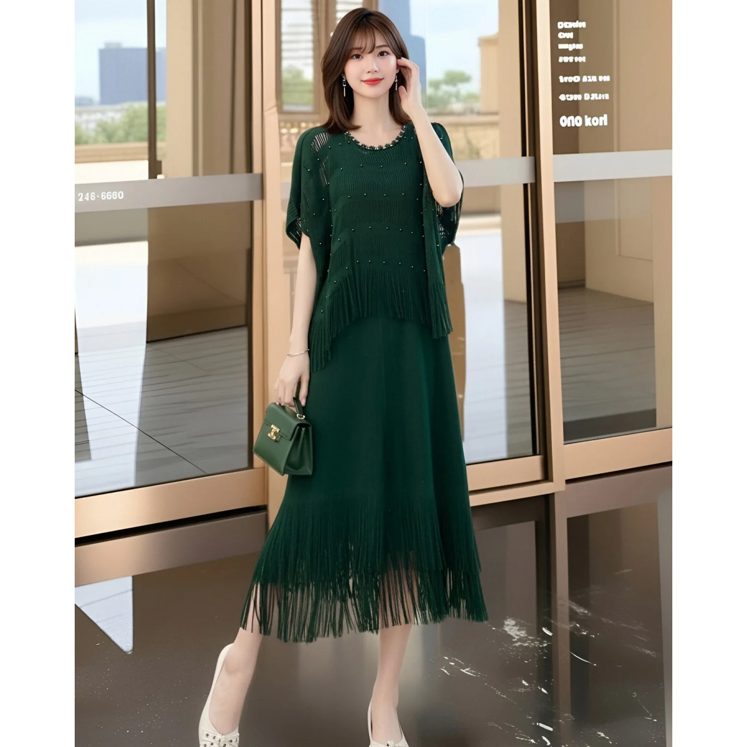 

Miyake Pleated Women's Casual Suit 2026 New Japanese Design Seaside Vacation Tassel Top + Vest Dress Two-piece Set