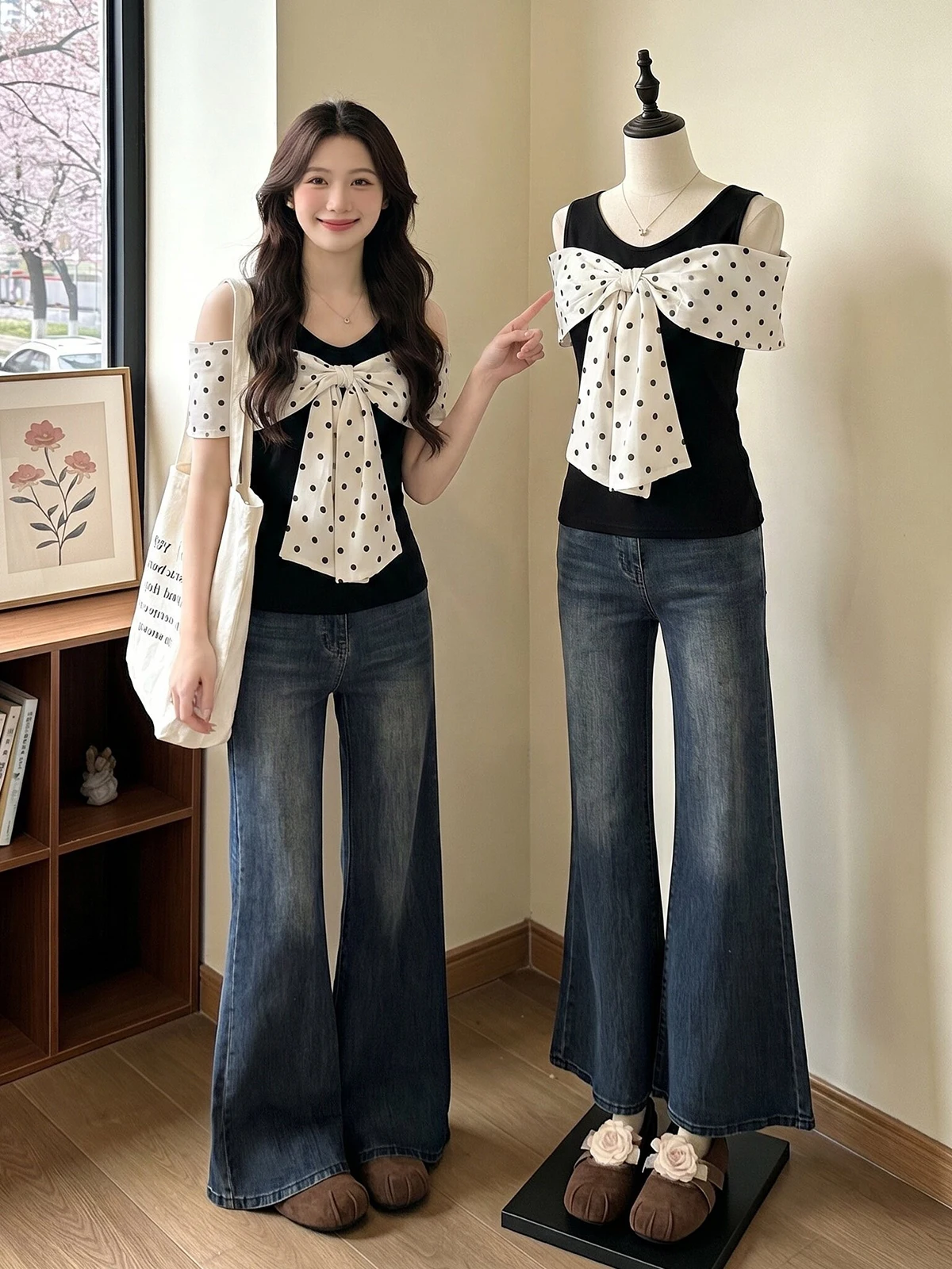 Polka Dot Bow Tie One Shoulder Short Sleeve T-Shirt Women's Summer New Style Slimming Trendy Top Hot Girl Casual Style