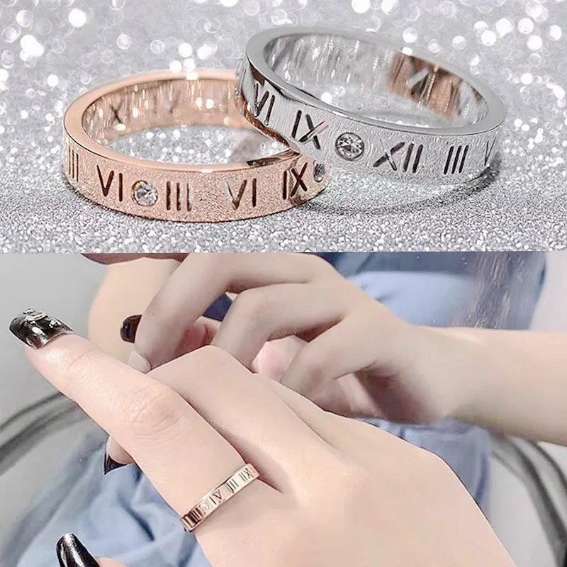 Titanium Stainless Steel Zircon Roman Numerals Ring Geometry Jewelry for Couples Lovers Fashion Minimalist Party Gift Wholesale