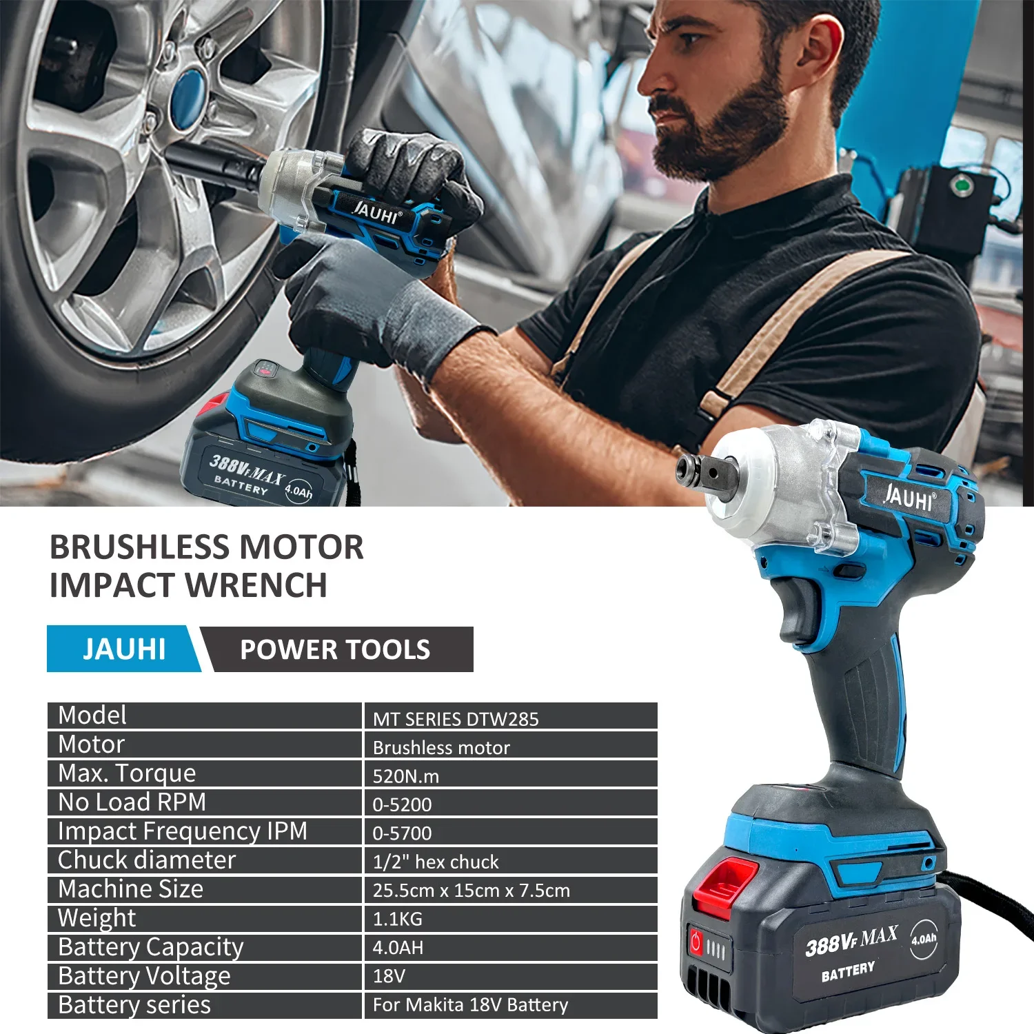 Imagem -03 - Jauhi-brushless Chave Elétrica Chave Soquete de Impacto Baterias Makita 18v Ferramentas de Instalação Elétrica Home 520nm