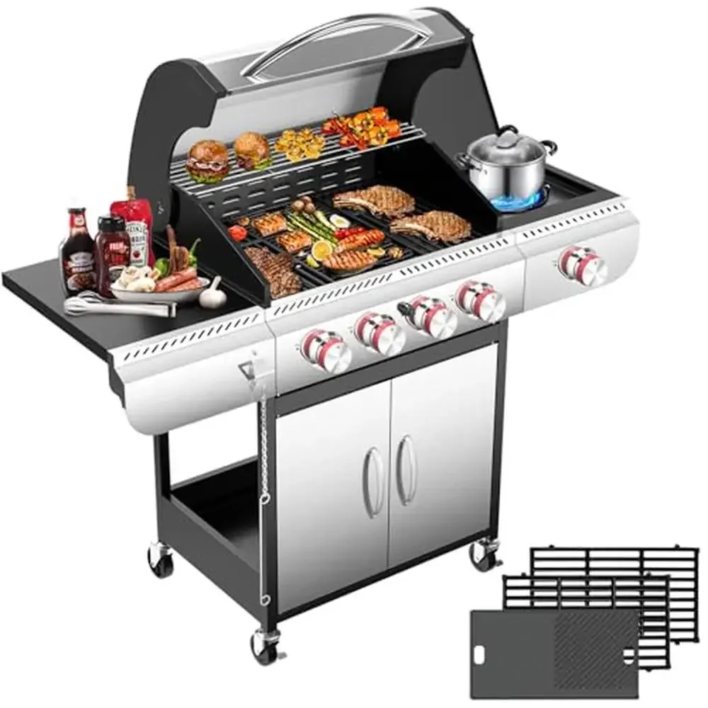 4-Burner Gas Griddle Grill Combo w/ Porcelain Grates & Griddle 42,000 BTU,561 sq.in. BBQ Grill Easy Clean Large Storage Space